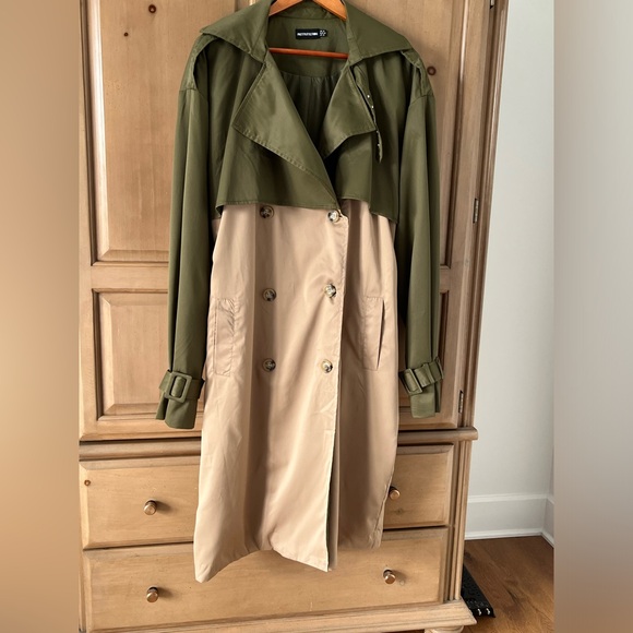 Khaki Contrast Oversized Belted Midi Trench Coat - Picture 12 of 12